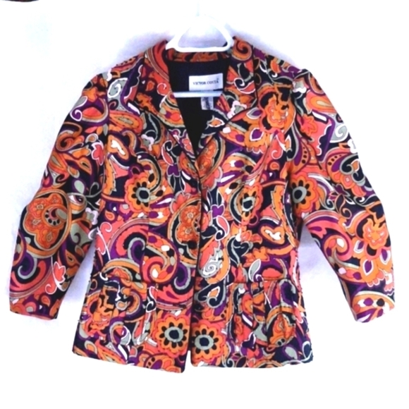 Victor Costa Vintage Ruffled Beaded 3/4 Cap Sleeve Orange Buttonup Jacket Sz 12 - Picture 1 of 9